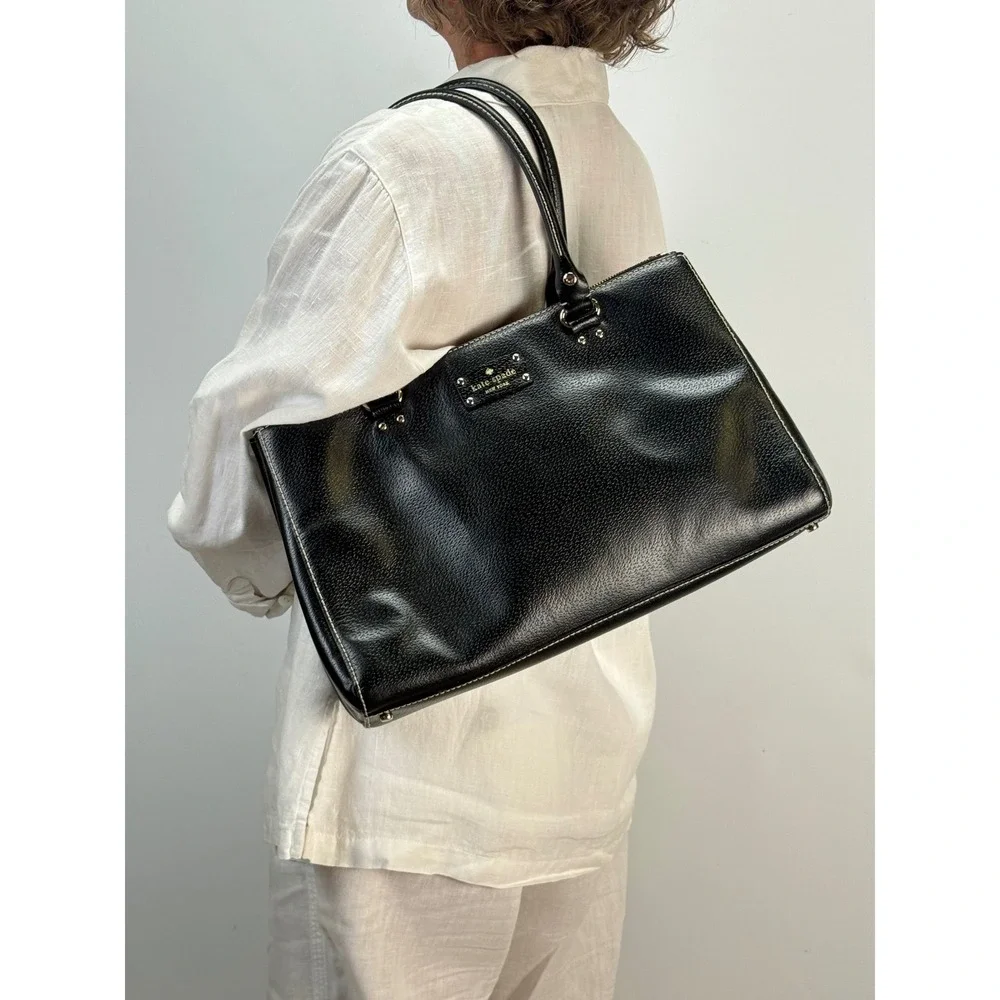 Kate Spade Black Pebbled Leather Wellesley Martine Tote Bag Contrast Stitch